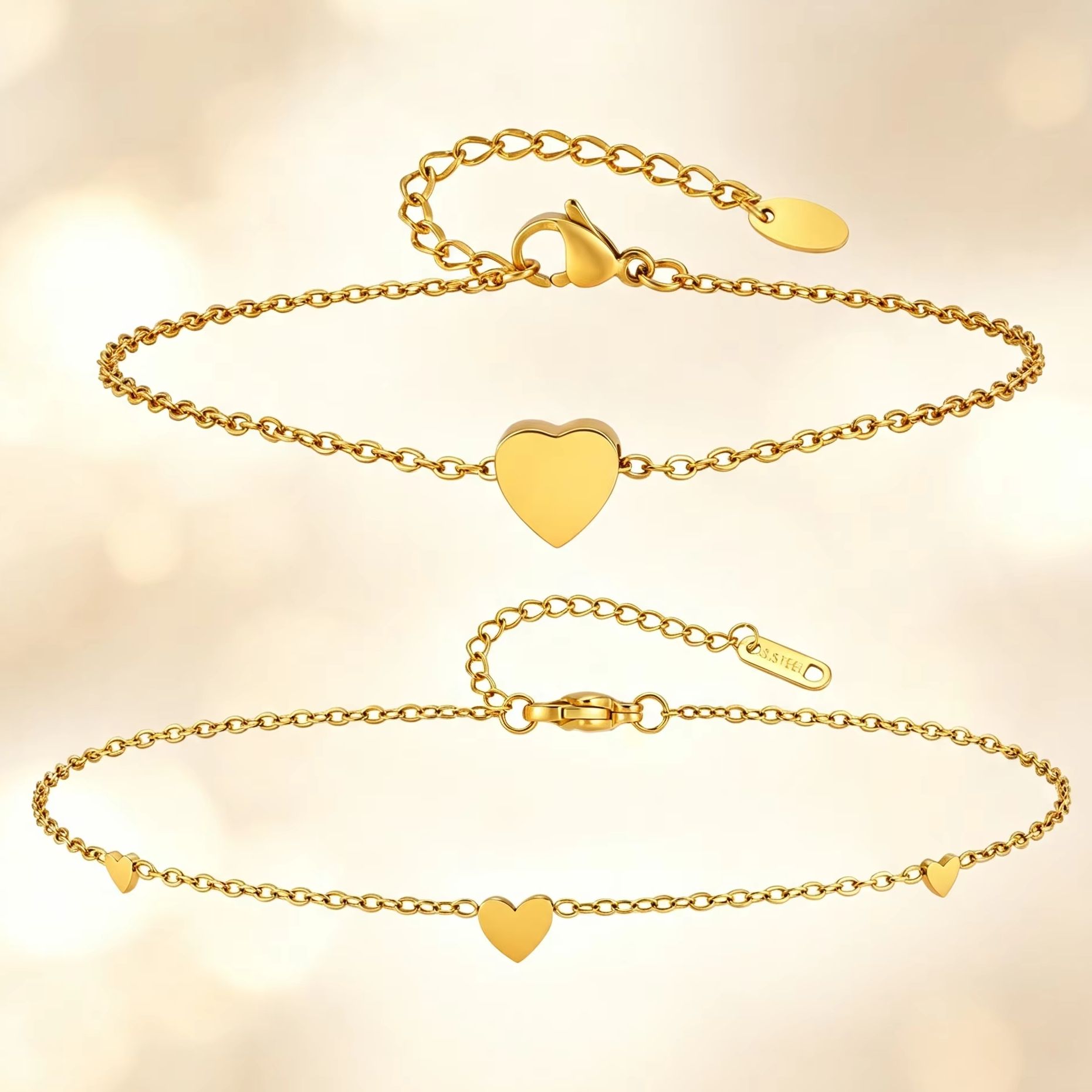 Jc Jewelry & Watches Photos - 2-teiliges Fußkettchen-Set mit Herzanhänger, vergoldet, Mini-Herzanhänger,